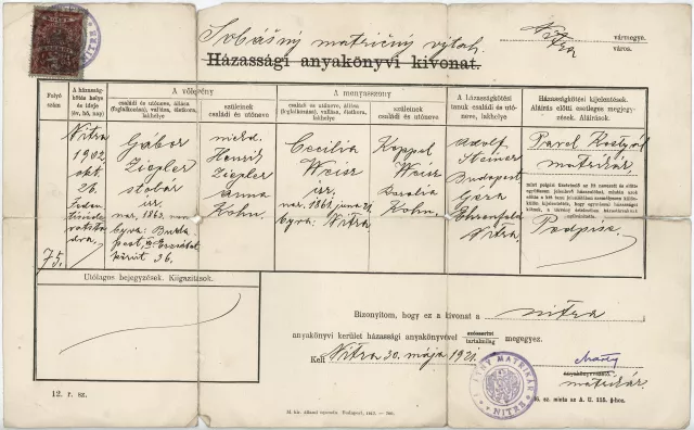 Ziegler Gábor és Weisz Cecilia házassági anyakönyvi kivonata Ziegler Gábor és Weisz Cecilia házassági anyakönyvi kivonata