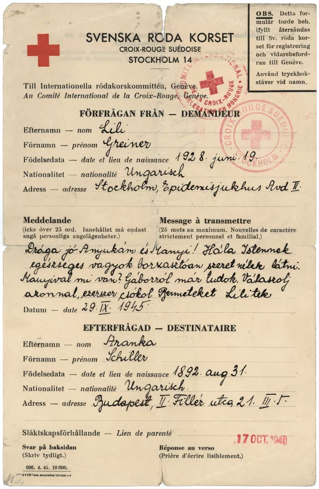 A Svéd Vöröskereszt által  Budapestre eljuttatott levél A Svéd Vöröskereszt által  Budapestre eljuttatott levél