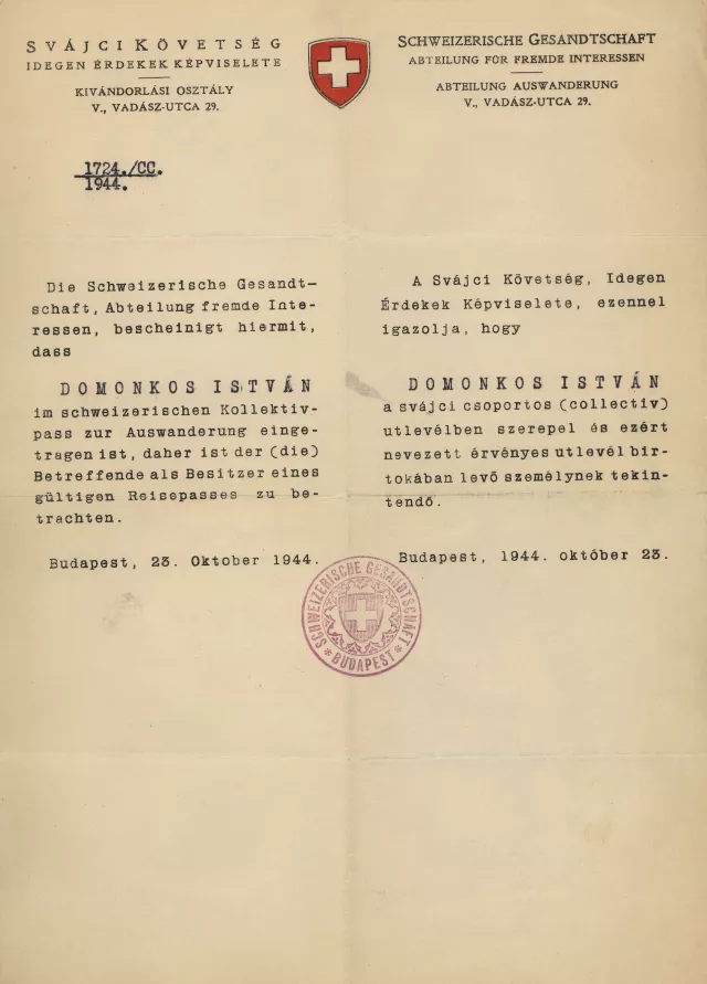 Istvan Domonkos's Swiss safe-conduct Istvan Domonkos's Swiss safe-conduct