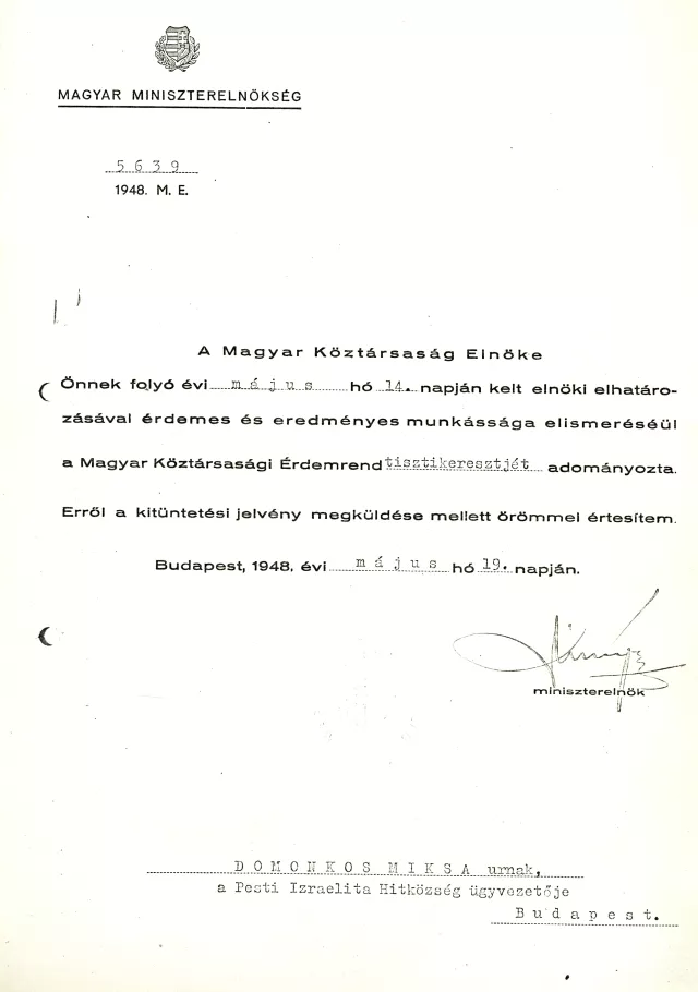 Notification of Miksa Domonkos's decoration Notification of Miksa Domonkos's decoration