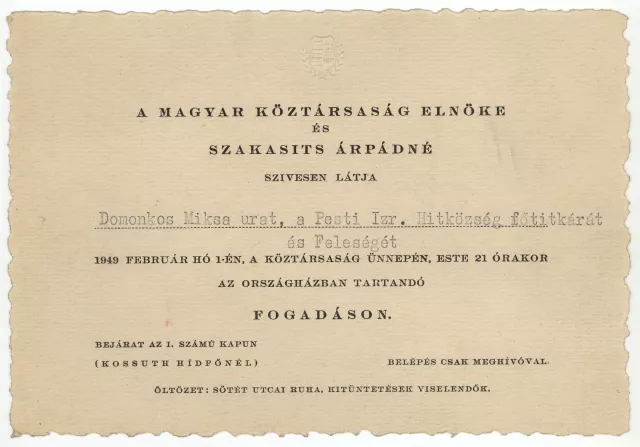 Invitation for Miksa Domonkos and his wife to a reception in Parliament Invitation for Miksa Domonkos and his wife to a reception in Parliament