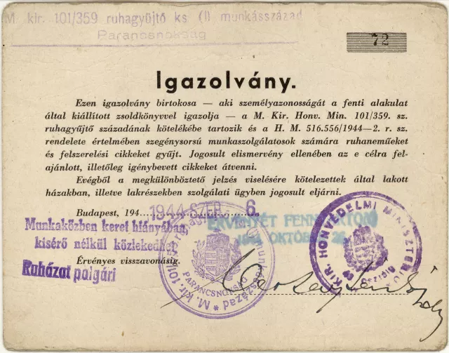 Istvan Domonkos's membership certificate of the Clothes-Collecting company Istvan Domonkos's membership certificate of the Clothes-Collecting company