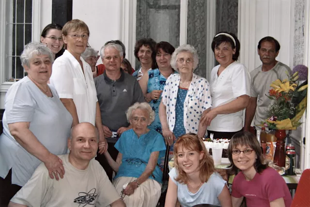 Hedvig Endrei on her 90th birthday with the tenant of the house where she lives