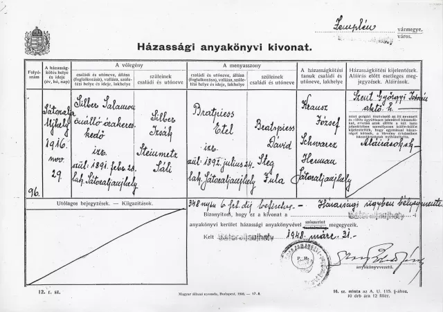 Vágó Istvánné szüleinek házassági anyakönyvi kivonata