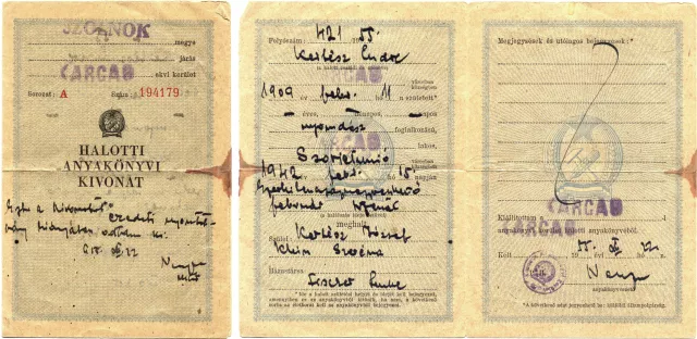 Kertész Endre halotti anyakönyvi kivonata Kertész Endre halotti anyakönyvi kivonata