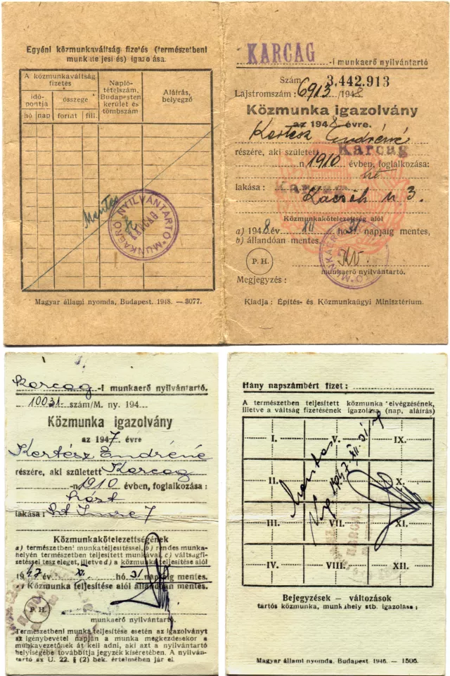 Kertész Endréné közmunka-igazolványai Kertész Endréné közmunka-igazolványai