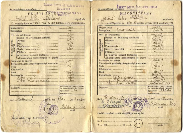 Kertész Péter általános iskolai értesítõje a Tarbutból