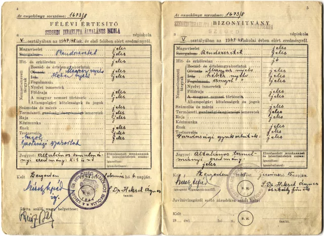 Kertész Péter iskolai értesítõje a szegedi Izraelita Általános Iskolából
