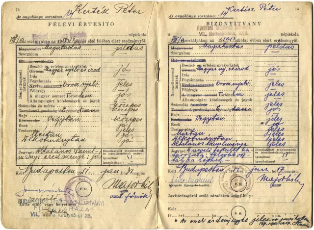 Kertész Péter értesítõje a Rottenbiller utcai Általános Iskolából