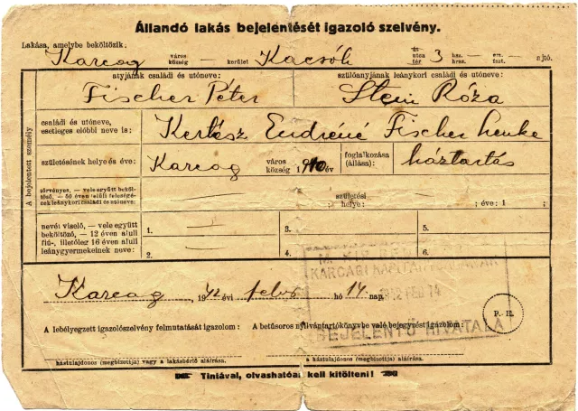 Kertész Endréné lakcímbejelentõje