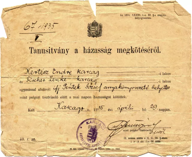 Kertész Endre és Kertész Endréné házassági tanúsítványa