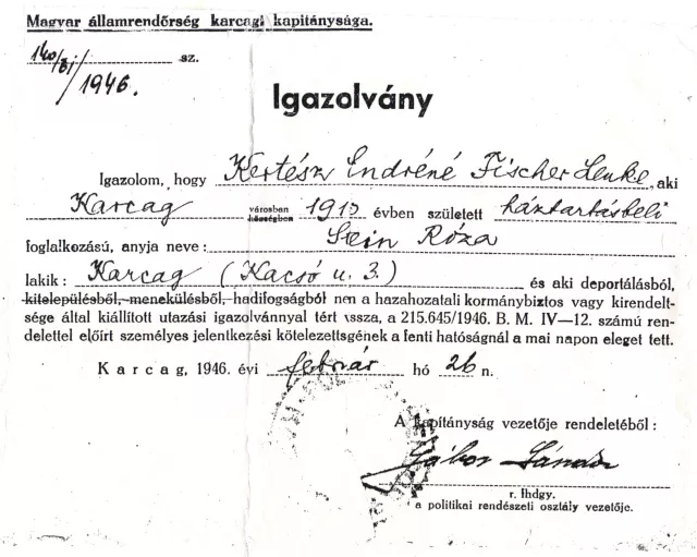 Kertész Endréné 'Igazolvány'-a arról, hogy hazatért a deportálásból