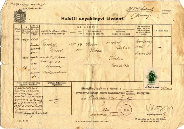 Másolat Fischer Péter halotti anyakönyvi kivonatáról Másolat Fischer Péter halotti anyakönyvi kivonatáról