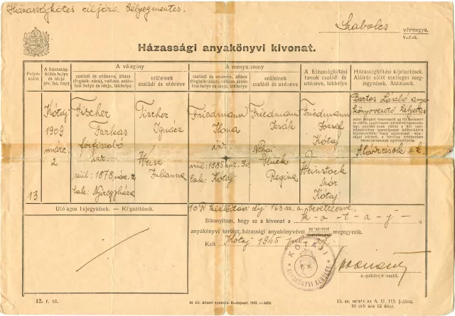 The marriage certificate of  Farkas Fischer and his wife