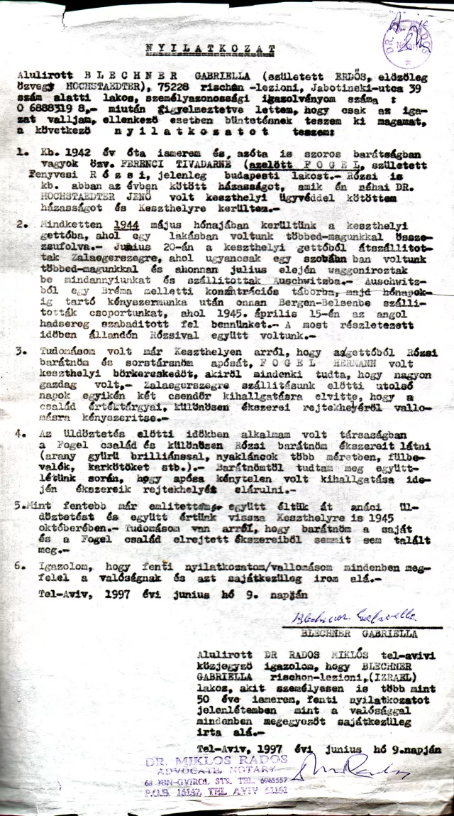 F. T.-né barátnõjének nyilatkozata