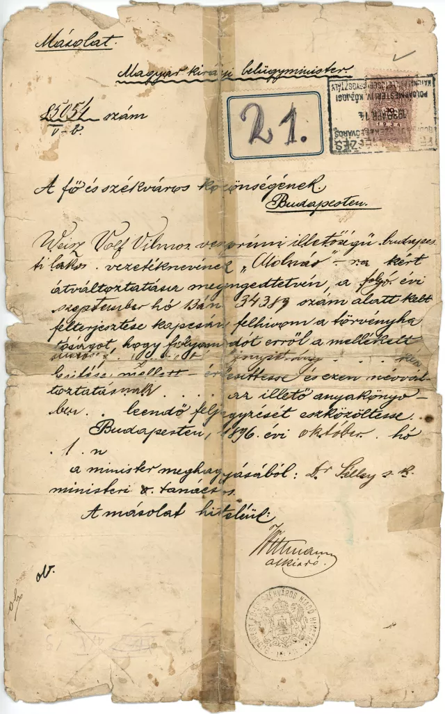 Farkas Vilmos Molnar's permission of name change