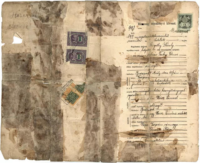 The marriage certificate of Farkas Vilmos and Roza Molnar