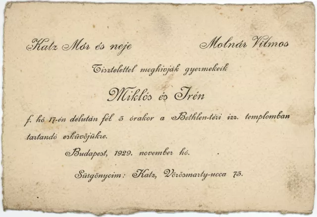 The wedding announcement of Miklos Molnar and Iren Katz