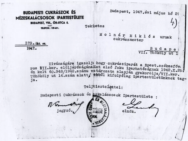 Miklos Molnar's trade corporation membership certificate