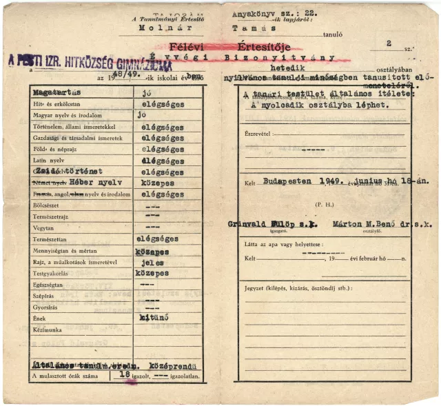 Thomas Molnar's 7th grade report card