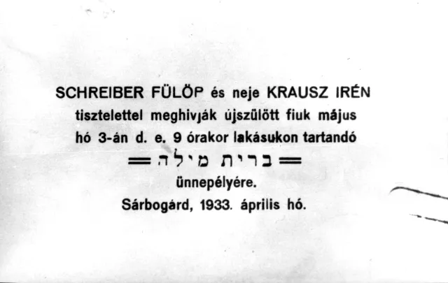 Meghívó Schreiber József brit milá ünnepségére