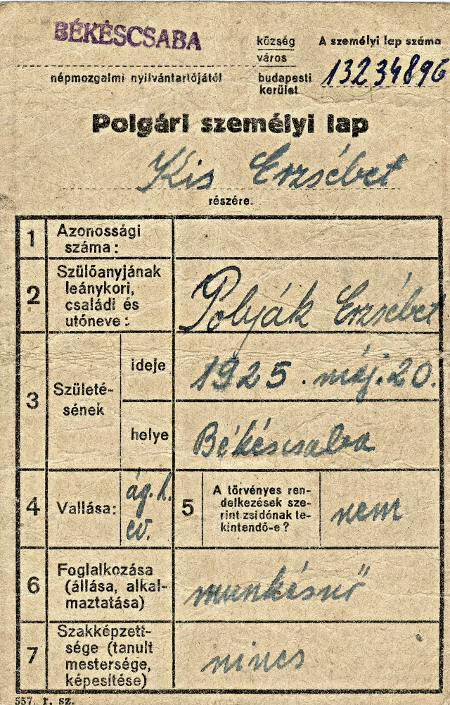 Személyi lap Kis Erzsébet nevére Személyi lap Kis Erzsébet nevére
