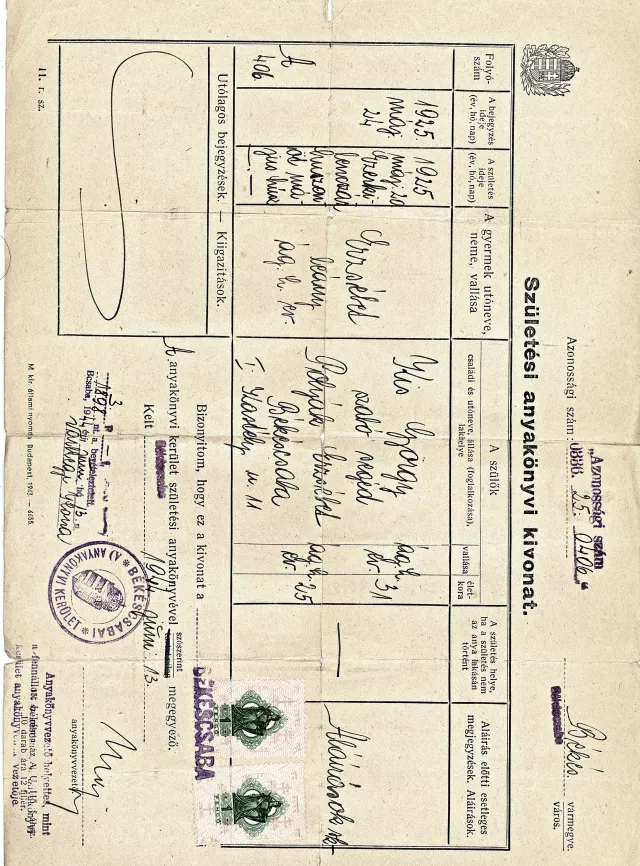 Anyakönyvi kivonat Kis Erzsébet nevére