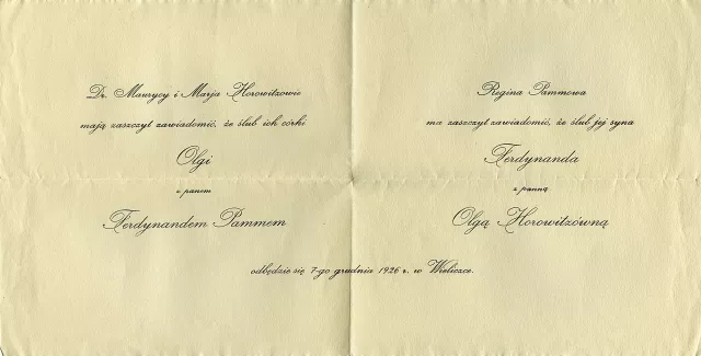 Invitation to the wedding of Olga Pamm