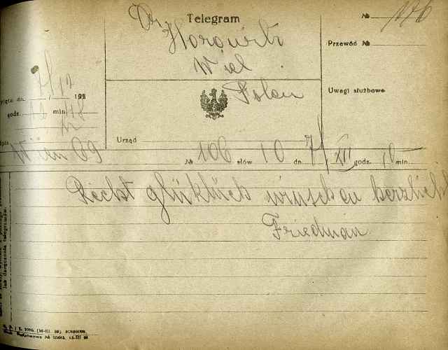 Congratulation telegram to Olga Pamm