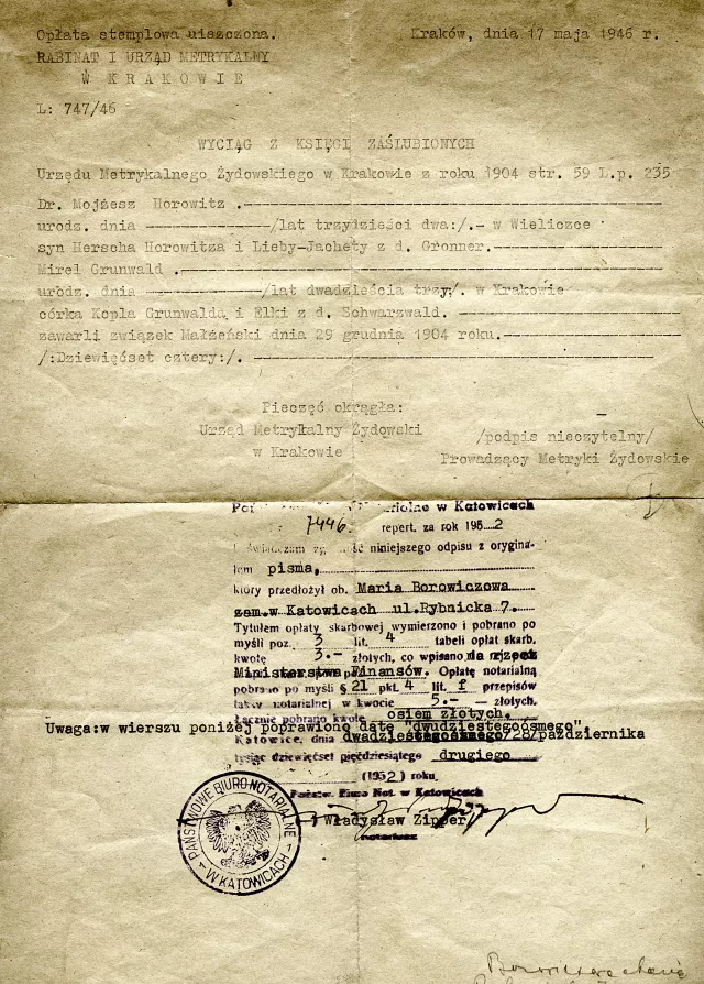 Mojzesz and Maria Horowitz's certificate of matrimony
