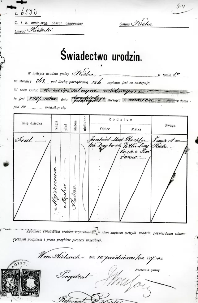 Srul Dajbog's birth certificate