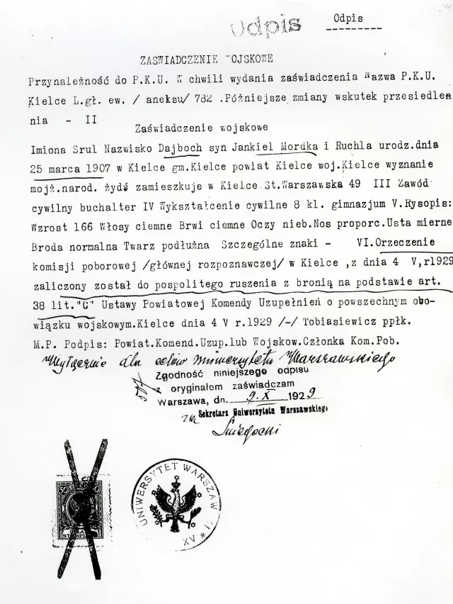 Srul Dajbog's 'Fit for military service' certificate