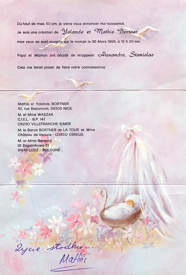 Invitation for christening of Alexandre Stainslas Bortner