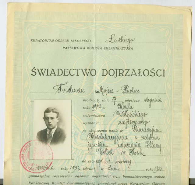 Michal Friedman's matriculation diploma, page 1