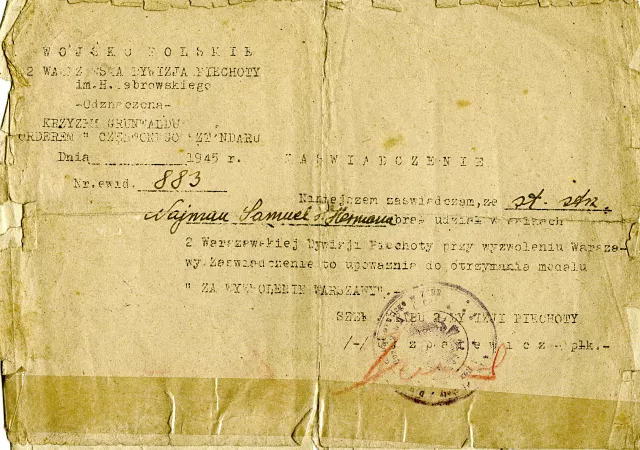 Mieczyslaw Najman's Medal for the Liberation of Warsaw certificate