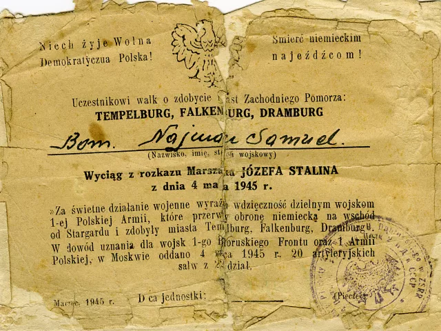 Mieczyslaw Najman's citation for the Capture of Tempelburg, Falkenburg and Dramburg