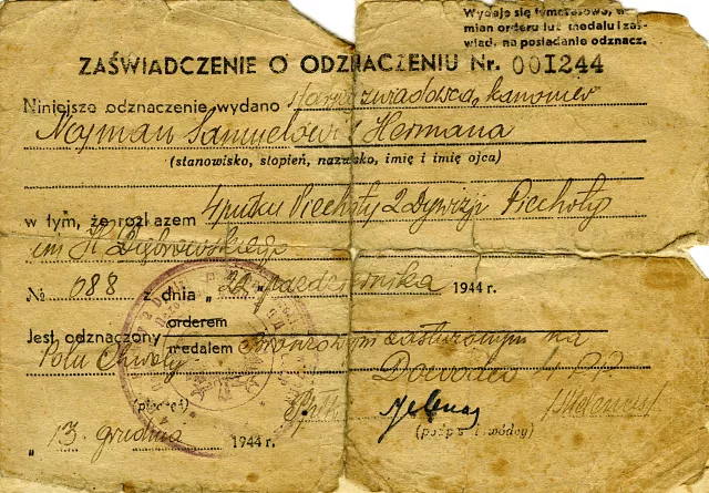 Mieczyslaw Najman's Medal for Merit on the Field of Glory certificate