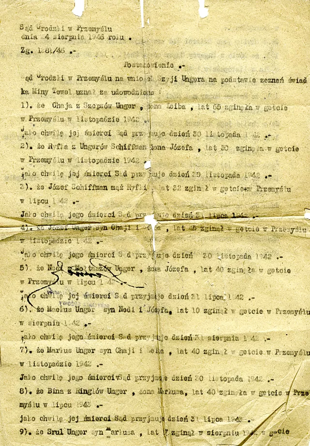 Certificate confirming the place and date of death of Oskar Unger's family members