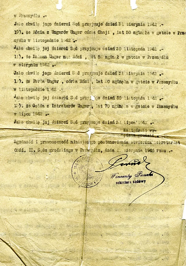 Certificate confirming the place and date of death of Oskar Unger's family members