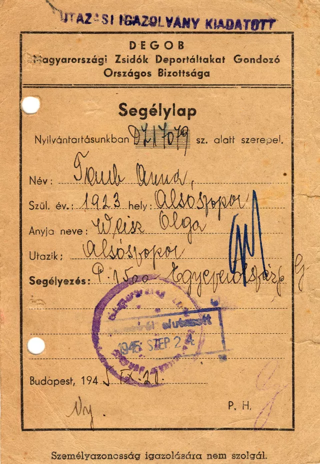 Gáspár Anna Éva utazási segélylapja