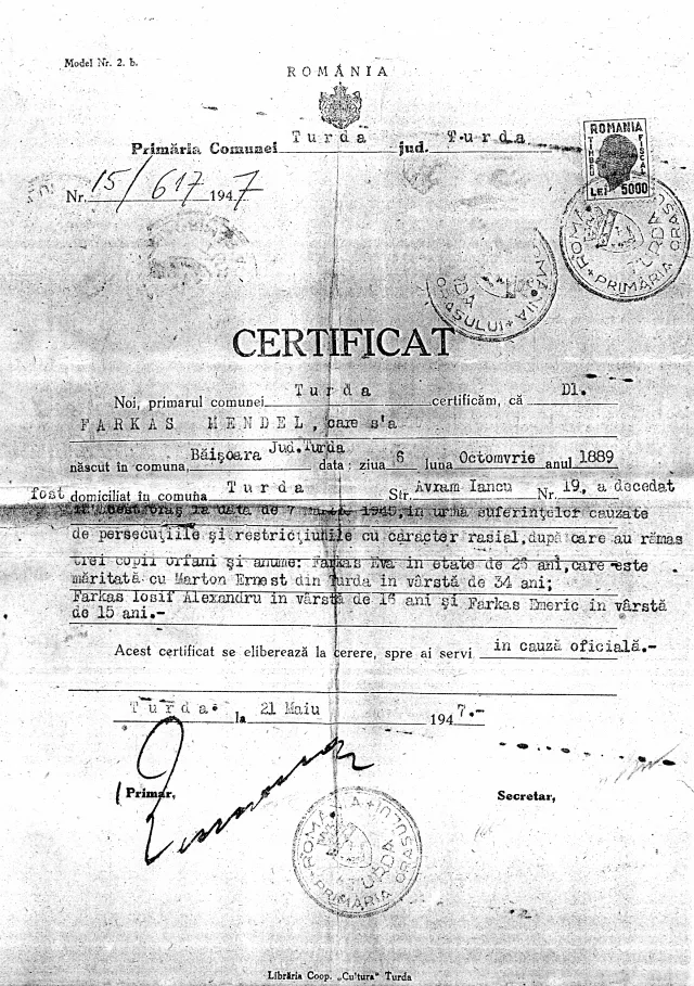 Farkas Mendel halálozási igazolása