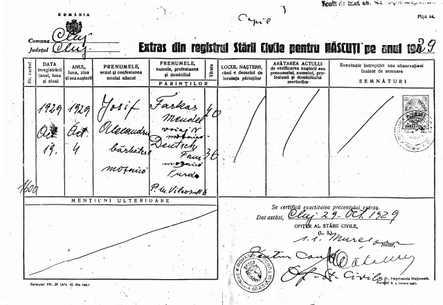 Farkas József születési bizonyítványa