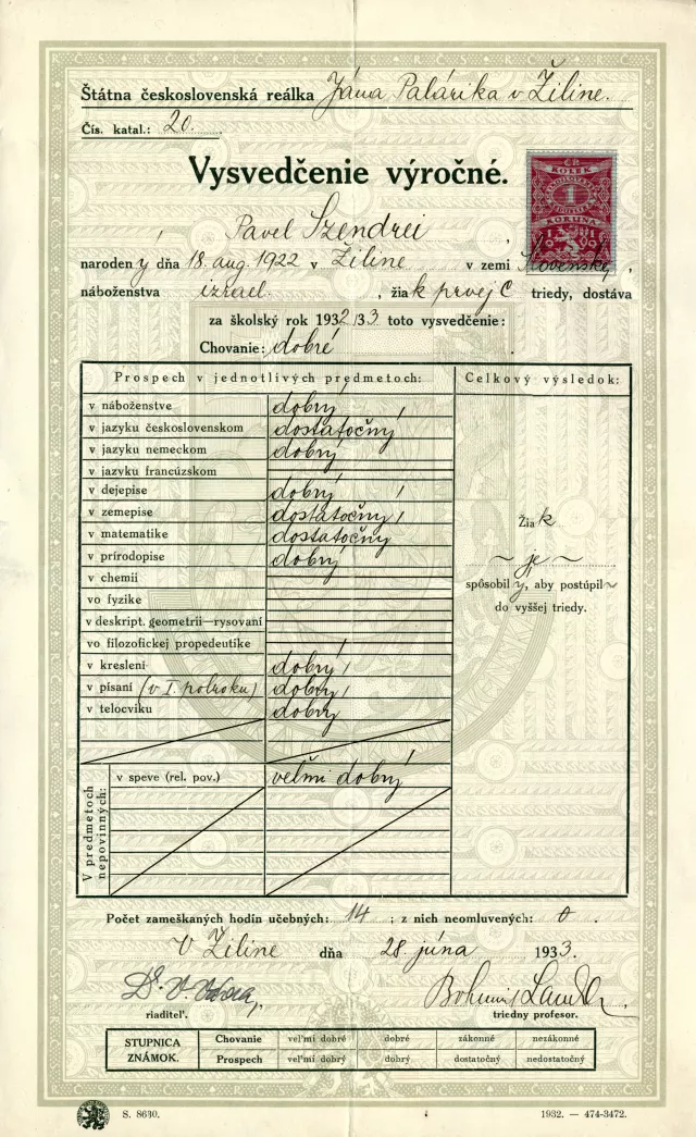 Pavel Sendrei's grade report from secondary school