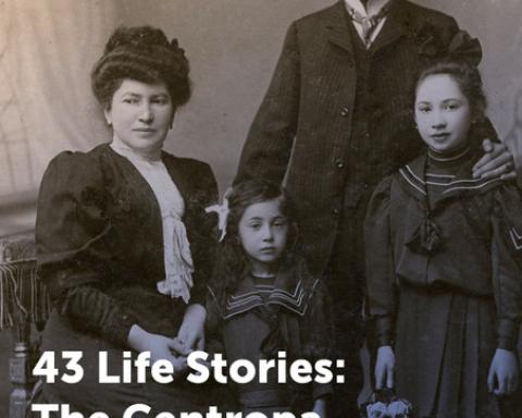Publication cover from Centropa featuring a sepia-toned vintage studio portrait of a family from the early 20th century, including a mother, father, and two young daughters in formal attire. The title text at the bottom reads "43 Life Stories: The Centropa Interviews in Czechia". The white Centropa logo is at the top.