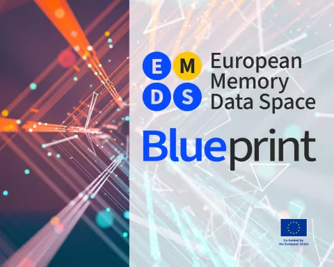 EMDS Blueprint cover featuring an abstract digital network of glowing lines and data points, with the title “European Memory Data Space Blueprint,” EMDS logo, and European Union co-funded emblem.